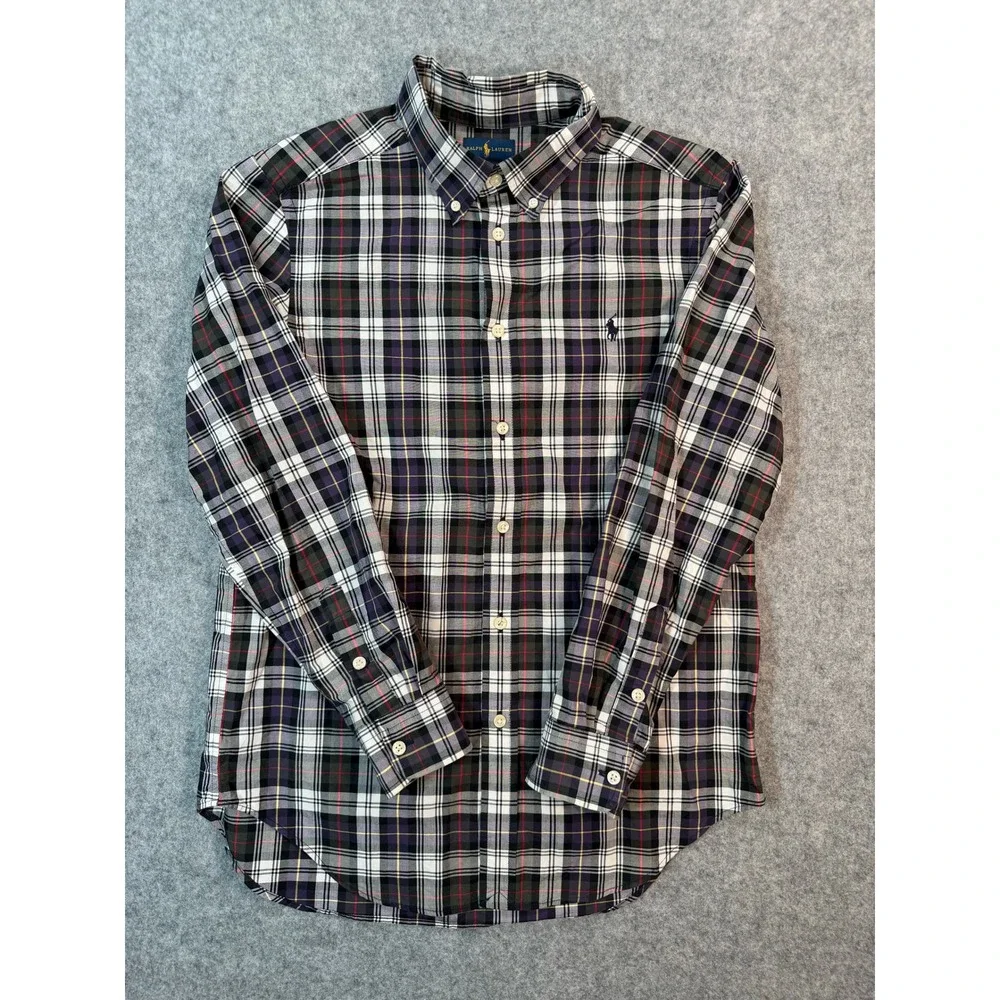Ralph Lauren Kids Boys L 14-16 Plaid Button Down Shirt Purple Black Long Sleeve